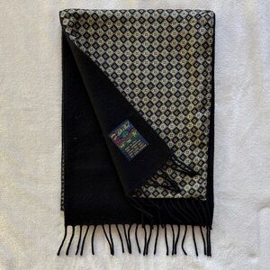 Vintage Men’s Modena Silk & Wool Black Geometric Reversible Fringe Scarf ITALY